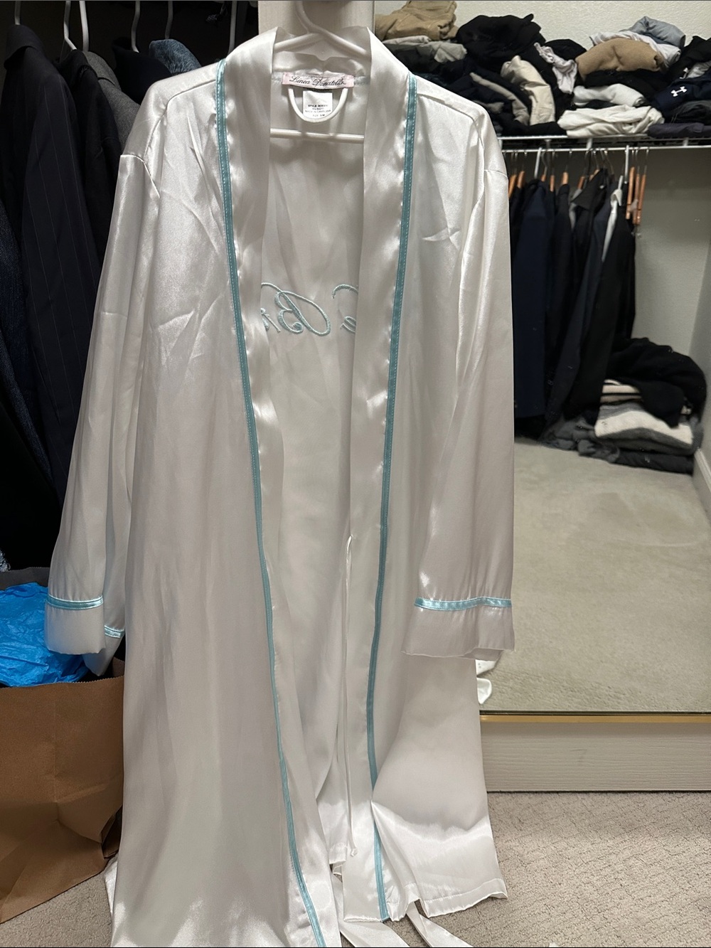 Linea Donatella White Satin Robe with Light Blue Trim with “The Bride”